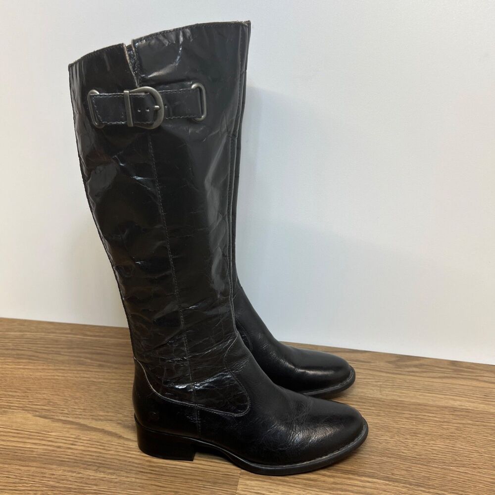 Born Women's Cort Crackled Leather Riding Tall Boots Black Size 7.5M‎